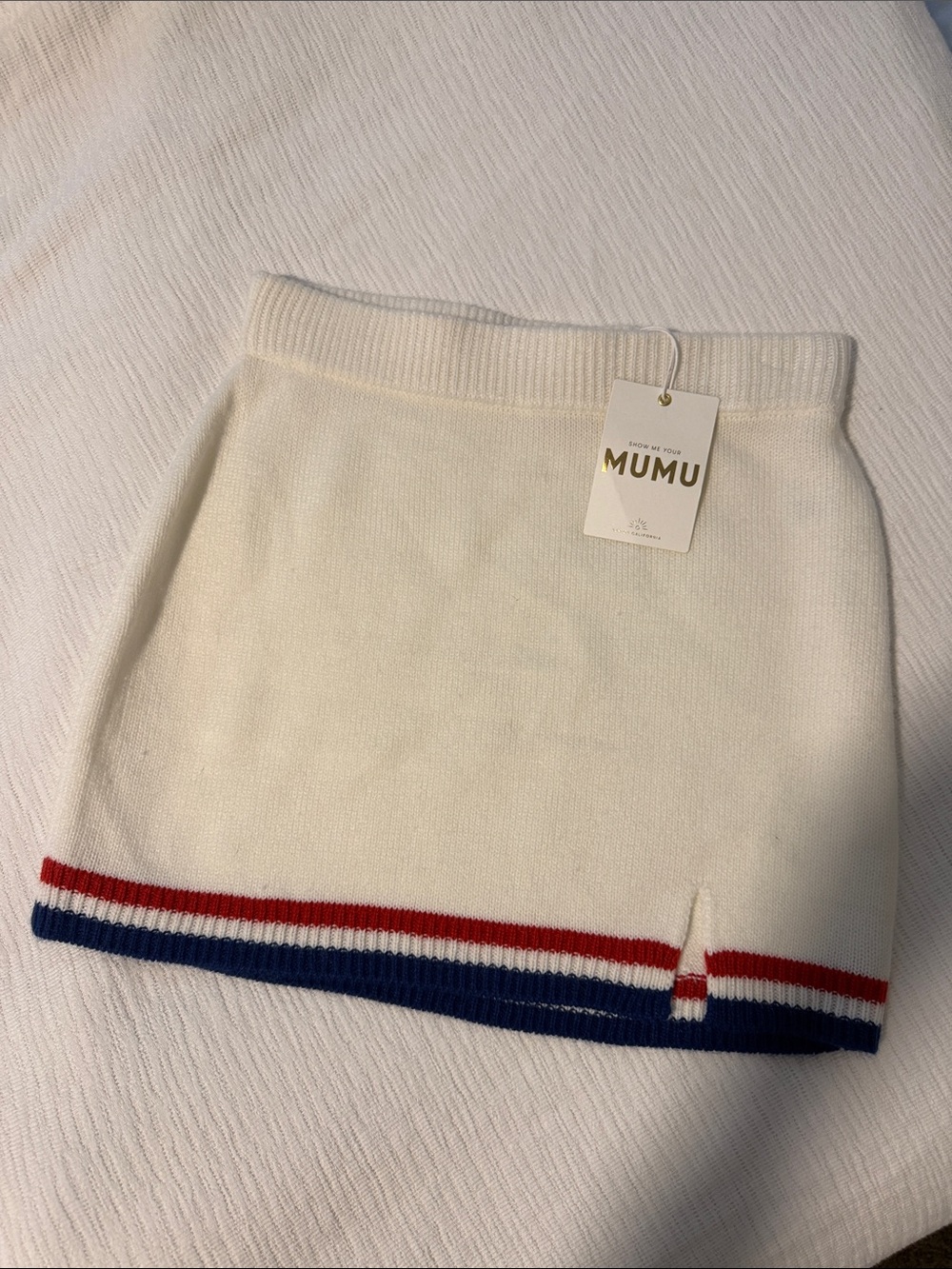 Show Me Your MuMu Cream Knit Mini Skirt with Red & Blue Trim
